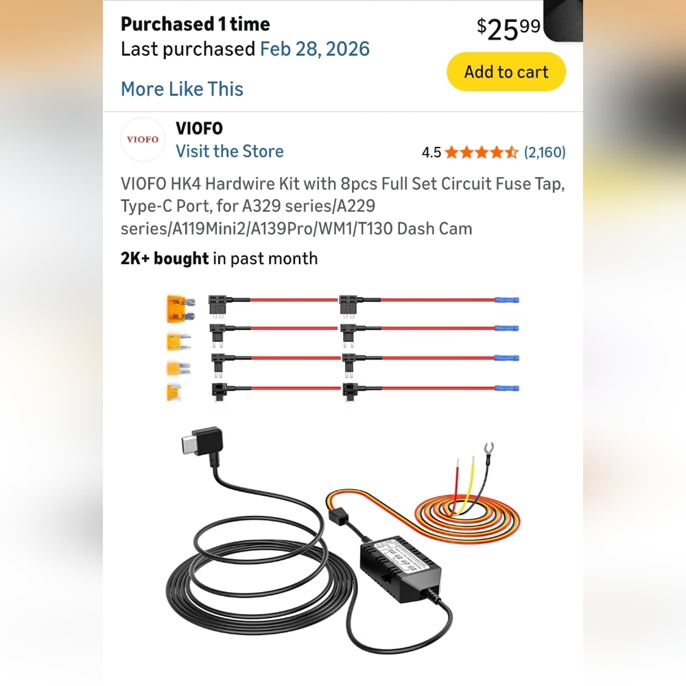 VIOFO Hardwire Kit For DASH CAMS New In Box